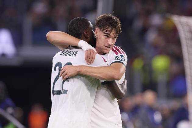 UEFA Champions League 2026 2027 - AS Roma vs Real Madrid CF in Rome, Italy - 14 Oct 2026 (From L to R) Antonio Rudiger and Carlos Espi (Real Madrid CF) celebrate a goal during the UEFA Champions League 2026 2027 match between AS Roma and Real Madrid CF. Final score: AS Roma 3-4 Real Madrid CF. Rome Italy Copyright: xFedericoxTitonex xSOPAxImagesx Federico-Titone-1458838