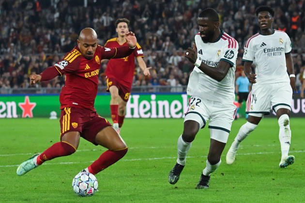2026,Roma-Real Madrid Donyell Malen of Roma,Antonio Rudiger of Real Madrid during the Champions League match Championship phase Matchday 2 Roma-Real Madrid at the Stadio Olimpico. Rome (Italy), October 14, 2026Imago-Images Emmefoto Copyright: xImago-Images Emmefotox