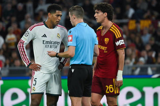 2026,Roma-Real Madrid Jude Bellingham of Real Madrid,Referee Daniel Siebert,Leonardo Balerdi of Roma during the Champions League match Championship phase Matchday 2 Roma-Real Madrid at the Stadio Olimpico. Rome (Italy), October 14, 2026Imago-Images Emmefoto Copyright: xImago-Images Emmefotox