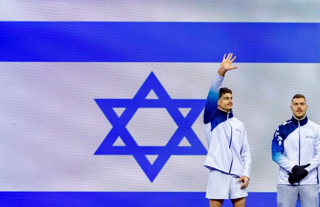 ROTTERDAM - The Israeli male gymnasts during podium training at the World Championships in Ahoy Rotterdam. IRIS VAN DEN BROEK ANP xVIxANPxSportx xxANPxIVx 572514836 originalFilename: 572514836.jpg