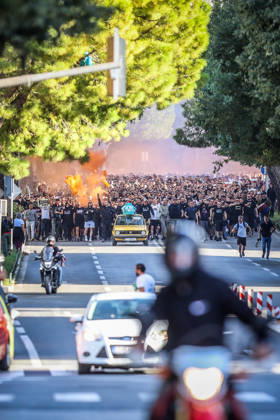 Corteo of Torcida, supporters of Hajduk Split Toricida, supporters of Hajduk Split, on their way to Poljud Stadium ahead of the UEFA Conference League match between HNK Hajduk Split and Ajax, in Split, Croatia, on October 15, 2026.  IvanaxIvanovic PIXSELL