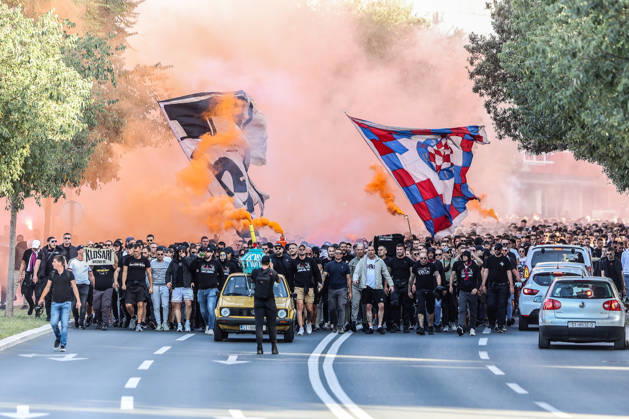 Corteo of Torcida, supporters of Hajduk Split Toricida, supporters of Hajduk Split, on their way to Poljud Stadium ahead of the UEFA Conference League match between HNK Hajduk Split and Ajax, in Split, Croatia, on October 15, 2026.  IvanaxIvanovic PIXSELL