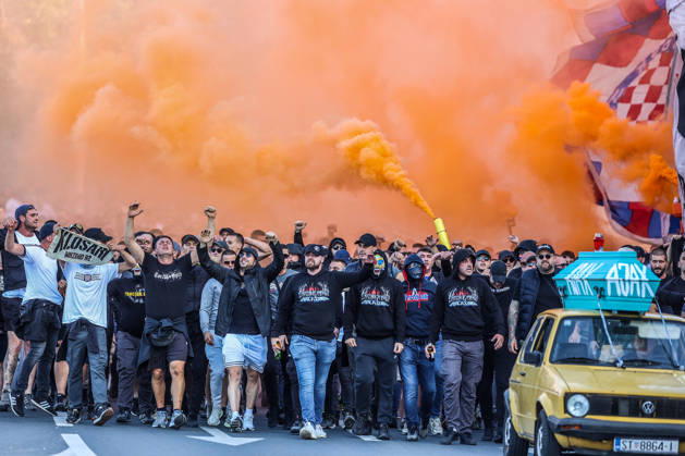 Corteo of Torcida, supporters of Hajduk Split Toricida, supporters of Hajduk Split, on their way to Poljud Stadium ahead of the UEFA Conference League match between HNK Hajduk Split and Ajax, in Split, Croatia, on October 15, 2026.  IvanaxIvanovic PIXSELL