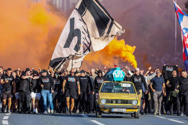 Corteo of Torcida, supporters of Hajduk Split Toricida, supporters of Hajduk Split, on their way to Poljud Stadium ahead of the UEFA Conference League match between HNK Hajduk Split and Ajax, in Split, Croatia, on October 15, 2026.  IvanaxIvanovic PIXSELL