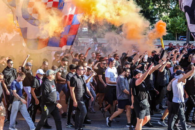 Corteo of Torcida, supporters of Hajduk Split Toricida, supporters of Hajduk Split, on their way to Poljud Stadium ahead of the UEFA Conference League match between HNK Hajduk Split and Ajax, in Split, Croatia, on October 15, 2026.  IvanaxIvanovic PIXSELL