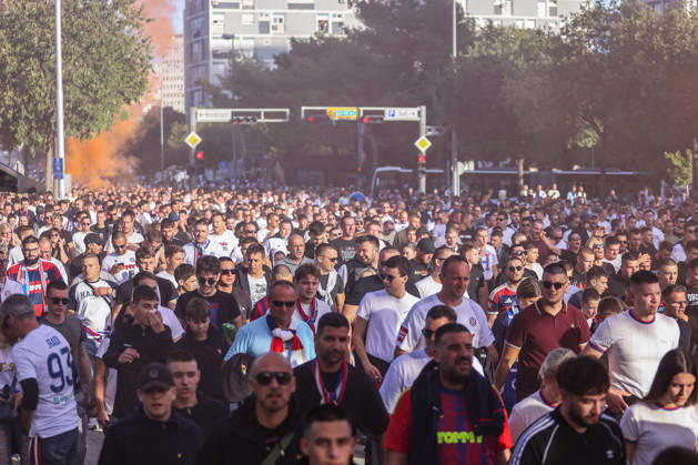 Corteo of Torcida, supporters of Hajduk Split Toricida, supporters of Hajduk Split, on their way to Poljud Stadium ahead of the UEFA Conference League match between HNK Hajduk Split and Ajax, in Split, Croatia, on October 15, 2026.  IvanaxIvanovic PIXSELL
