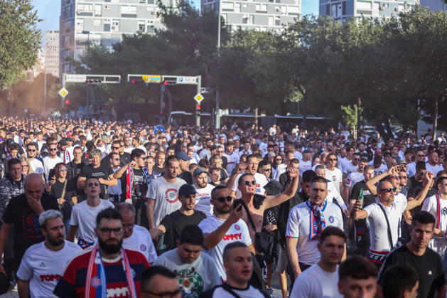 Corteo of Torcida, supporters of Hajduk Split Toricida, supporters of Hajduk Split, on their way to Poljud Stadium ahead of the UEFA Conference League match between HNK Hajduk Split and Ajax, in Split, Croatia, on October 15, 2026.  IvanaxIvanovic PIXSELL