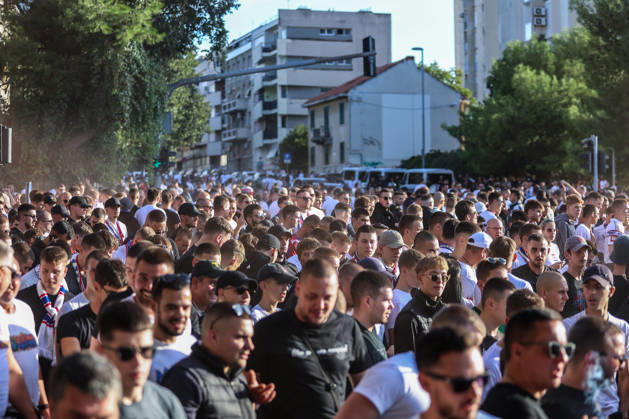 Corteo of Torcida, supporters of Hajduk Split Toricida, supporters of Hajduk Split, on their way to Poljud Stadium ahead of the UEFA Conference League match between HNK Hajduk Split and Ajax, in Split, Croatia, on October 15, 2026.  IvanaxIvanovic PIXSELL