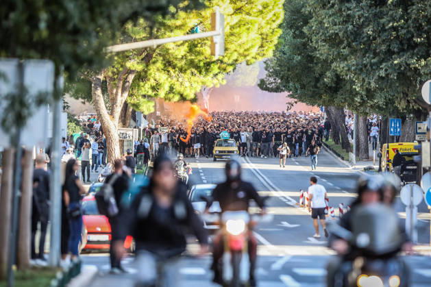 Corteo of Torcida, supporters of Hajduk Split Toricida, supporters of Hajduk Split, on their way to Poljud Stadium ahead of the UEFA Conference League match between HNK Hajduk Split and Ajax, in Split, Croatia, on October 15, 2026.  IvanaxIvanovic PIXSELL