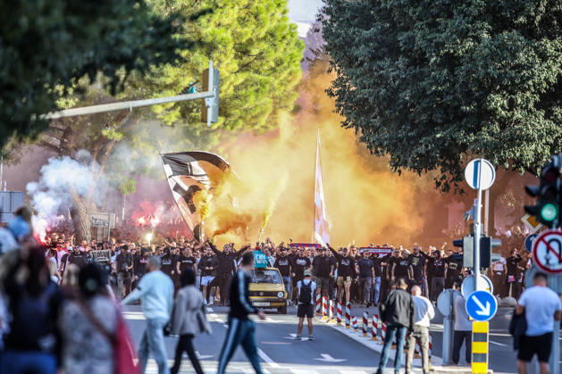 Corteo of Torcida, supporters of Hajduk Split Toricida, supporters of Hajduk Split, on their way to Poljud Stadium ahead of the UEFA Conference League match between HNK Hajduk Split and Ajax, in Split, Croatia, on October 15, 2026.  IvanaxIvanovic PIXSELL