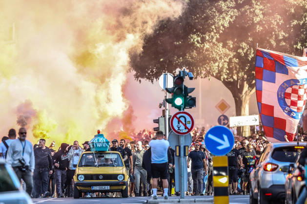 Corteo of Torcida, supporters of Hajduk Split Toricida, supporters of Hajduk Split, on their way to Poljud Stadium ahead of the UEFA Conference League match between HNK Hajduk Split and Ajax, in Split, Croatia, on October 15, 2026.  IvanaxIvanovic PIXSELL