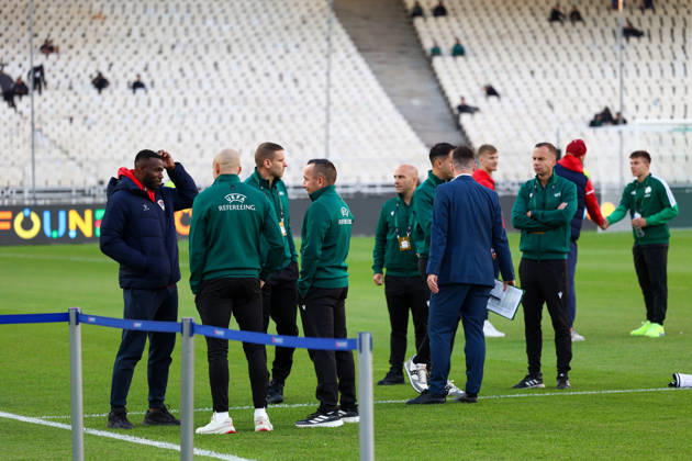Panathinaikos F.C. v FK Borac Banja Luka UEFA Europa Conference League Match officials on the pitch before the start of the match between Panathinaikos F.C. and FK Borac Banja Luka during the UEFA Europa Conference League match at Olympic Stadium, Athens 15 10 2026 UK Newspapers OUT Copyright: xYannisxHalasx FIL-24071-0004