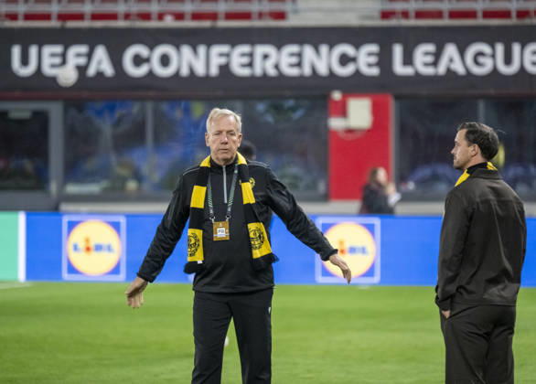 HELSINGBORG 2026-10-15 Sports director Hasse Larsson and club manager Jacob Lennartsson before the UEFA Conference League match between Mjällby AIF and Inter Club d™Escaldes at Olympia in Helsingborg on Thursday, October 15, 2026. HELSINGBORG SWEDEN x50090x