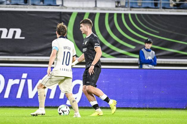 Gent s Maksim Paskotsi pictured in action during a soccer game between Belgian KAA Gent and Danish Aarhus GF, Thursday 15 October 2026 in Gent, the opening match of the UEFA Conference League league phase. TOMxGOYVAERT  x189909589x