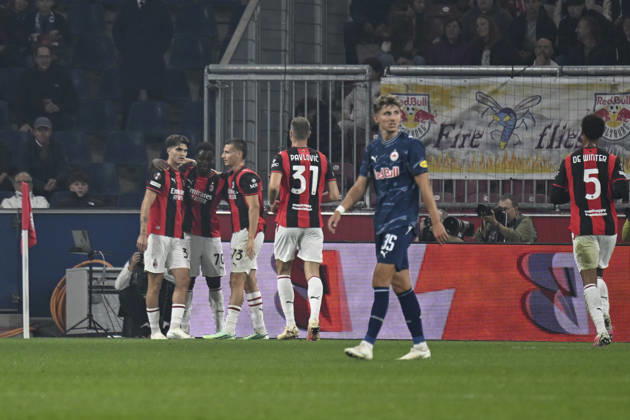 SALZBURG, AUSTRIA - OCTOBER 15: Team AC Milan celebrates their goal to make it 0:1 during the UEFA Europa League league phase matchday 2 match between FC Salzburg and AC Milan at Red Bull Arena on October 15, 2026 in Salzburg, Austria. Copyright: xHansxPeterxLottermoser SPPx Sportspressphoto_SPR257001