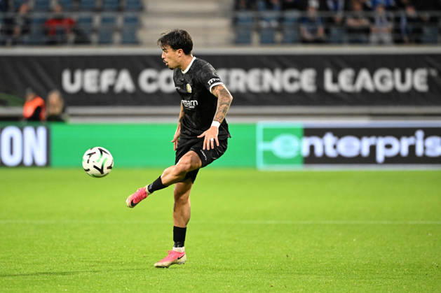 261015 AA Gent vs Aarhus Tiago Araujo of KAA Gent is pictured in action with the ball during Matchday 2 in the 2026-2027 Uefa Conference League season - league phase between AA Gent and AGF Aarhus on October 15 , 2026 in Gent, Belgium. (Photo by Maarten Straetemans Isosport) Gent Belgium  Copyright: xMaartenxStraetemansx GENT-AARHUS_20261015_016