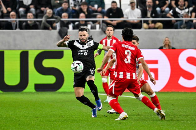 LUGANO, SWITZERLAND - OCTOBER 15: Renato Steffen of FC Lugano in action against Yuta Nakayama of FK Crvena Zvezda during the UEFA Conference League 2026 27 League Phase MD1 match between FC Lugano and FK Crvena Zvezda at Lugano Arena on October 15, 2026 in Lugano, Switzerland. Lugano Lugano Arena Ticino Switzerland Copyright: xJustPictures.ch AndreaxBrancax jp-en-EuSpIm-AB_15102026_3784