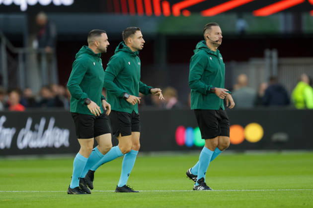 RECORD DATE NOT STATED 15th October 2026; AFAS Stadion, Alkmaar, Netherlands; UEFA Europa League Football, AZ Alkmaar versus Hapoel Beer Sheva; Radoslav Gidzhenov (main referee), Miroslav Maksimov (assistant) and Petar Mitrev (second assistant) warm up AnthonyxBenoit