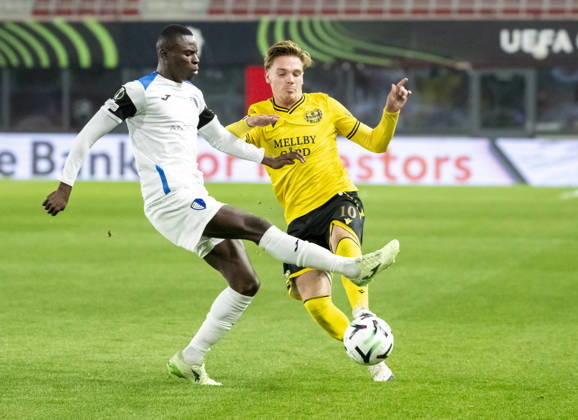 HELSINGBORG 2026-10-15 Inter Club d™Escaldes Sol Sidibe and Mjällby AIF™s Jeppe Kjaer in the UEFA Conference League match between Mjällby AIF and Inter Club d™Escaldes at Olympia in Helsingborg on Thursday, October 15, 2026. HELSINGBORG SWEDEN x50090x