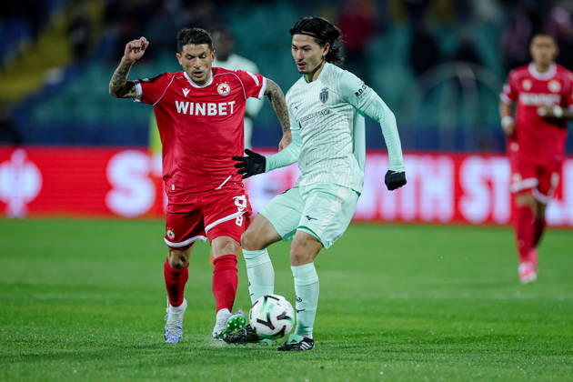 Football - UEFA Conference League - Round 1 - PFC CSKA Sofia - AS Monaco - 15.10.2026 Takumi Minamino, 18 of AS Monaco FC and Stefano Sensi, 8 of PFC CSKA Sofia during UEFA Conference League - Round 1 match between PFC CSKA Sofia and AS Monaco at Vasil Levski Stadium in Sofia, Bulgaria, on October 15th, 2026 in Sofia, Bulgaria. Bulgaria Copyright: xYulianxTodorovx