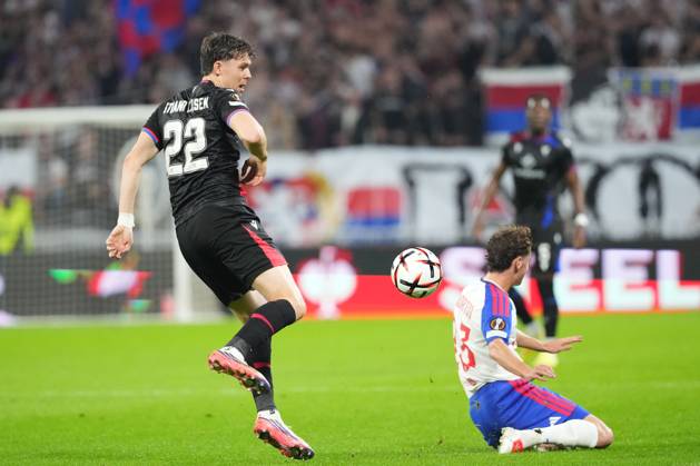 Jorgen Strand Larsen of Crystal Palace challenges Tyler Morton of Lyon Lyon v Crystal Palace, UEFA Europa League, Football, Groupama Stadium, Lyon, France - 15 Oct 2026Lyon Groupama Stadium France  Copyright: xDavexWinter Shutterstockx 17218159as