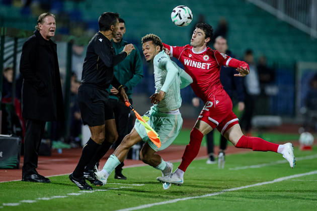 Football - UEFA Conference League - Round 1 - PFC CSKA Sofia - AS Monaco - 15.10.2026 Facundo Rodriguez, 32 of PFC CSKA Sofia and Pape Cabral, 19 of AS Monaco FC during UEFA Conference League - Round 1 match between PFC CSKA Sofia and AS Monaco at Vasil Levski Stadium in Sofia, Bulgaria, on October 15th, 2026 in Sofia, Bulgaria. Bulgaria Copyright: xYulianxTodorovx