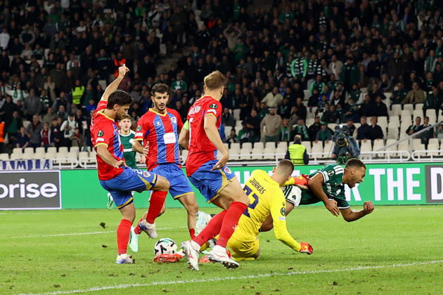 Panathinaikos F.C. v FK Borac Banja Luka UEFA Europa Conference League Cyril Dessers of Panathinaikos F.C. is tackled to the ground and wins a penalty during the UEFA Europa Conference League match at Olympic Stadium, Athens 15 10 2026 UK Newspapers OUT Copyright: xYannisxHalasx FIL-24071-0037