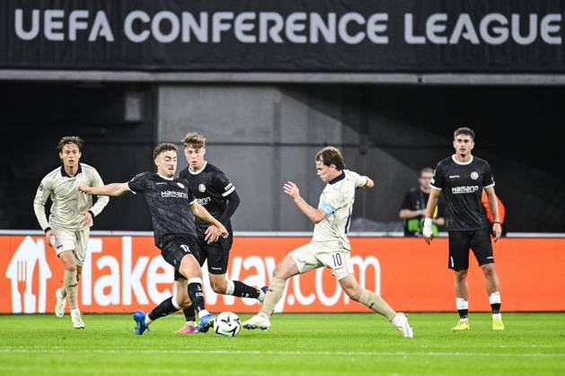 Gent s Mathias Delorge and Aarhus Kristian Arnstad pictured in action during a soccer game between Belgian KAA Gent and Danish Aarhus GF, Thursday 15 October 2026 in Gent, the opening match of the UEFA Conference League league phase. TOMxGOYVAERT  x189909825x
