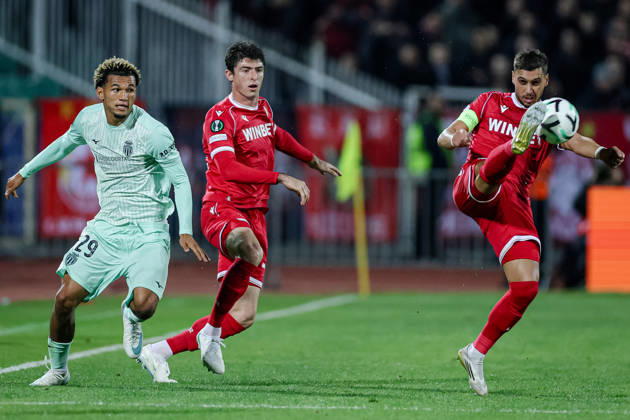 Football - UEFA Conference League - Round 1 - PFC CSKA Sofia - AS Monaco - 15.10.2026 Paris Brunner, 29 of AS Monaco FC and Bruno Jordao, 6 of PFC CSKA Sofia during UEFA Conference League - Round 1 match between PFC CSKA Sofia and AS Monaco at Vasil Levski Stadium in Sofia, Bulgaria, on October 15th, 2026 in Sofia, Bulgaria. Bulgaria Copyright: xYulianxTodorovx