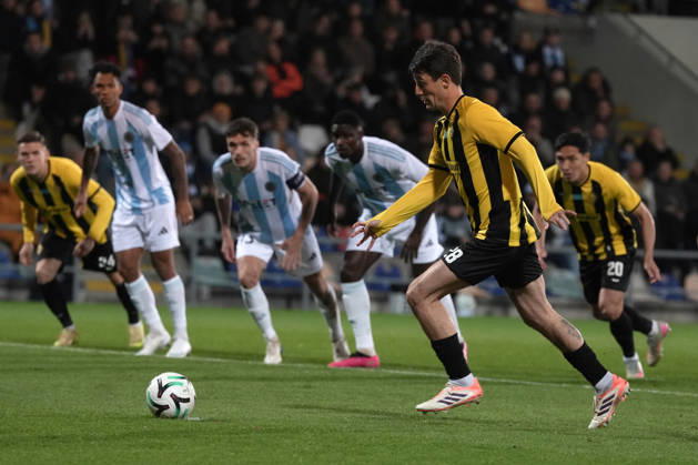 Marc Gual of Kairat scores from the penalty spot during a UEFA Conference League soccer match between Latvia™s Riga FC and Kazakhstan™s Kairat Almaty at Skonto Stadium in Riga, Latvia, Thursday, Oct. 15, 2026. Riga Latvia Copyright: xRomanxKoksarovx RKV01831.JPG