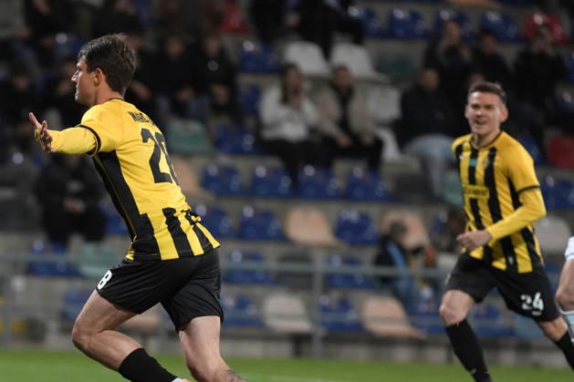 Marc Gual of Kairat scelebrates after scoring from the penalty spot during a UEFA Conference League soccer match between Latvia™s Riga FC and Kazakhstan™s Kairat Almaty at Skonto Stadium in Riga, Latvia, Thursday, Oct. 15, 2026. Riga Latvia Copyright: xRomanxKoksarovx RKV01831.JPG
