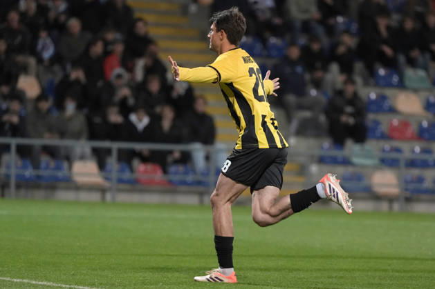 Marc Gual of Kairat scelebrates after scoring from the penalty spot during a UEFA Conference League soccer match between Latvia™s Riga FC and Kazakhstan™s Kairat Almaty at Skonto Stadium in Riga, Latvia, Thursday, Oct. 15, 2026. Riga Latvia Copyright: xRomanxKoksarovx RKV01831.JPG