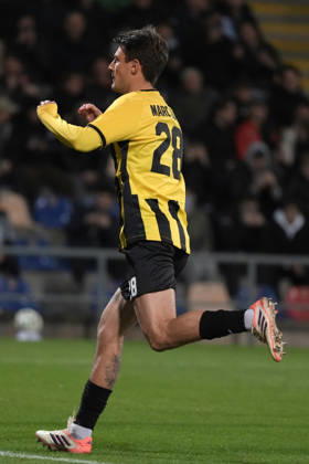 Marc Gual of Kairat scelebrates after scoring from the penalty spot during a UEFA Conference League soccer match between Latvia™s Riga FC and Kazakhstan™s Kairat Almaty at Skonto Stadium in Riga, Latvia, Thursday, Oct. 15, 2026. Riga Latvia Copyright: xRomanxKoksarovx RKV01831.JPG