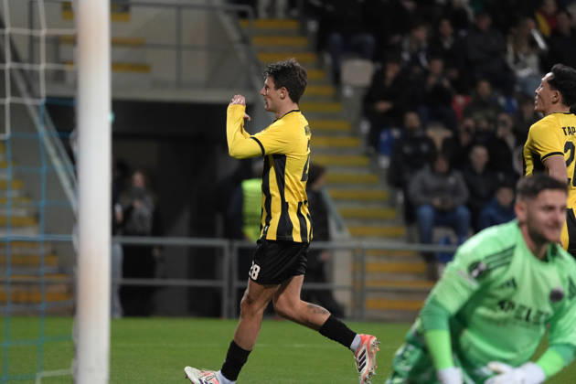Marc Gual of Kairat scelebrates after scoring from the penalty spot during a UEFA Conference League soccer match between Latvia™s Riga FC and Kazakhstan™s Kairat Almaty at Skonto Stadium in Riga, Latvia, Thursday, Oct. 15, 2026. Riga Latvia Copyright: xRomanxKoksarovx RKV01831.JPG