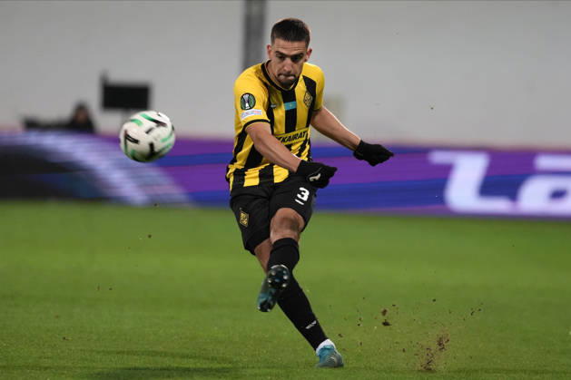 Luis Mata of Kairat competes for the ball during a UEFA Conference League soccer match between Latvia™s Riga FC and Kazakhstan™s Kairat Almaty at Skonto Stadium in Riga, Latvia, Thursday, Oct. 15, 2026. Riga Latvia Copyright: xRomanxKoksarovx RKV01949.JPG
