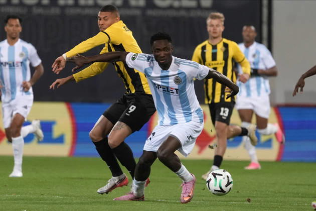Baba Musah of Riga FC and Edmilson of Kairat compete for the ball during a UEFA Conference League soccer match between Latvia™s Riga FC and Kazakhstan™s Kairat Almaty at Skonto Stadium in Riga, Latvia, Thursday, Oct. 15, 2026. Riga Latvia Copyright: xRomanxKoksarovx RKV01906.JPG