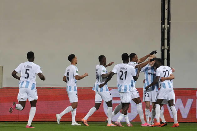 RÄ«ga FC players celebrate their first goal during a UEFA Conference League soccer match between Latvia™s Riga FC and Kazakhstan™s Kairat Almaty at Skonto Stadium in Riga, Latvia, Thursday, Oct. 15, 2026. Riga Latvia Copyright: xRomanxKoksarovx RKV02008.JPG