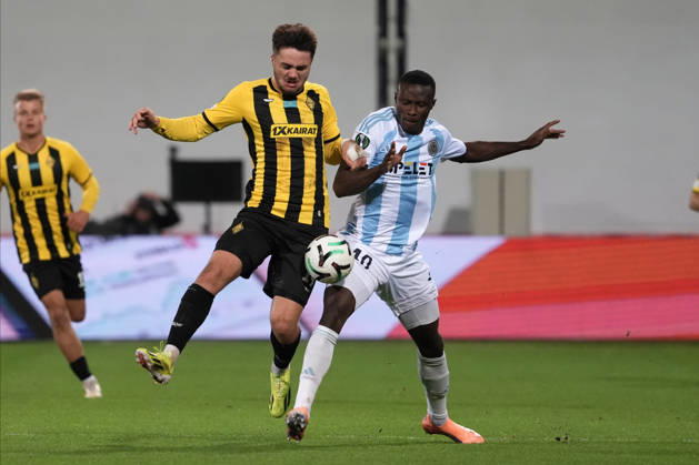 Ahmed Ankrah of Riga FC and Oiva Jukkola of Kairat compete for the ball during a UEFA Conference League soccer match between Latvia™s Riga FC and Kazakhstan™s Kairat Almaty at Skonto Stadium in Riga, Latvia, Thursday, Oct. 15, 2026. Riga Latvia Copyright: xRomanxKoksarovx RKV02055.JPG