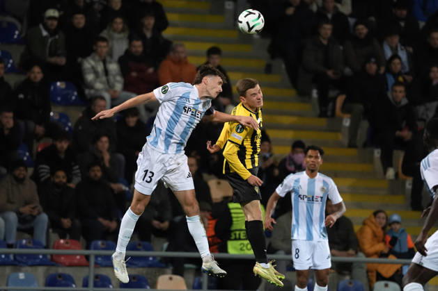Aleksandr Mrynskiy of Kairat and Raivis Jurkovskis of Riga FC compete for the ball during a UEFA Conference League soccer match between Latvia™s Riga FC and Kazakhstan™s Kairat Almaty at Skonto Stadium in Riga, Latvia, Thursday, Oct. 15, 2026. Riga Latvia Copyright: xRomanxKoksarovx RKV02188.JPG