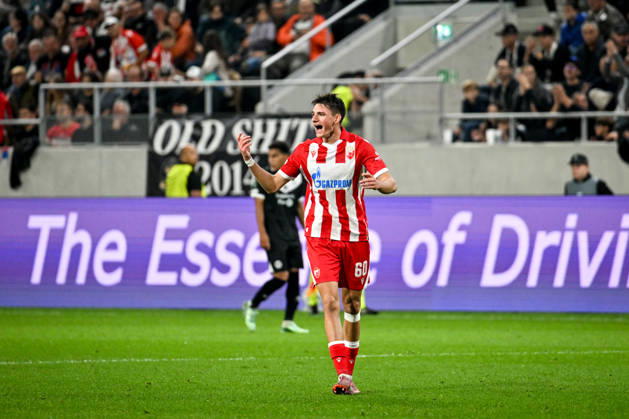 LUGANO, SWITZERLAND - OCTOBER 15: Matej Gashtarov of FK Crvena Zvezda motivates his teammates after a goal during the UEFA Conference League 2026 27 League Phase MD1 match between FC Lugano and FK Crvena Zvezda at Lugano Arena on October 15, 2026 in Lugano, Switzerland. Lugano Lugano Arena Ticino Switzerland Copyright: xJustPictures.ch AndreaxBrancax jp-en-EuSpIm-AB_15102026_4252