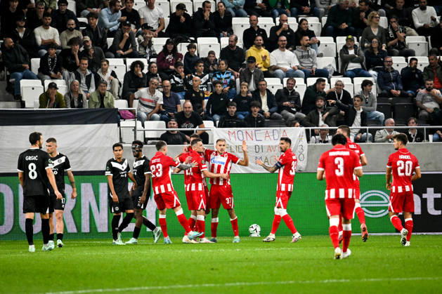 LUGANO, SWITZERLAND - OCTOBER 15: FK Crvena Zvezda celebrate a goal scored by Timi Max Elsnik of FK Crvena Zvezda during the UEFA Conference League 2026 27 League Phase MD1 match between FC Lugano and FK Crvena Zvezda at Lugano Arena on October 15, 2026 in Lugano, Switzerland. Lugano Lugano Arena Ticino Switzerland Copyright: xJustPictures.ch AndreaxBrancax jp-en-EuSpIm-AB_15102026_4192