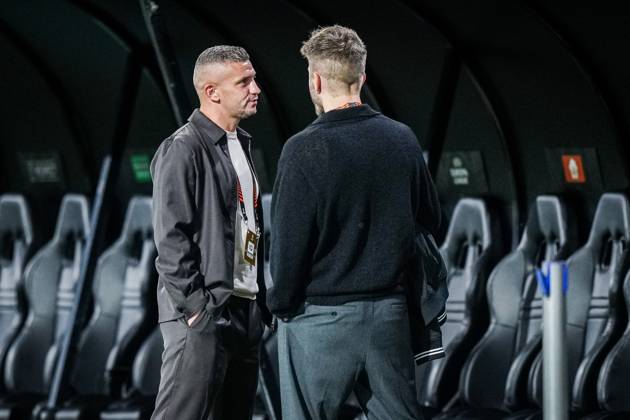 NIJMEGEN , 15-10-2026 , Stadium De Goffert , season 2026 2027 , UEFA Europa League football , match between NEC Nijmegen and Levski Sofia , picture shows NEC Nijmegen player Bryan Linssen and Lasse Schone NEC - Levski Sofia x208449455x Copyright: