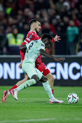 Football - UEFA Conference League - Round 1 - PFC CSKA Sofia - AS Monaco - 15.10.2026 Lamine Camara, 8 of AS Monaco FC and Ioannis Pittas, 28 of PFC CSKA Sofia during UEFA Conference League - Round 1 match between PFC CSKA Sofia and AS Monaco at Vasil Levski Stadium in Sofia, Bulgaria, on October 15th, 2026 in Sofia, Bulgaria. Bulgaria Copyright: xYulianxTodorovx