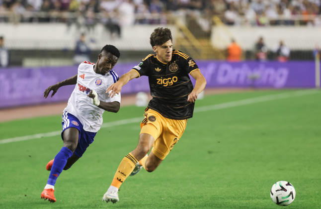 UEFA Conference League HNK Hajduk Split v AFC Ajax Abdoulie Sanyang Bamba of Hajduk in action against Jofre Torrents of Ajax during the UEFA Conference League 2026 27 League Phase MD1 match between HNK Hajduk Split and AFC Ajax at Stadion Poljud on October 15, 2026 in Split, Croatia.  IvoxCagalj PIXSELL