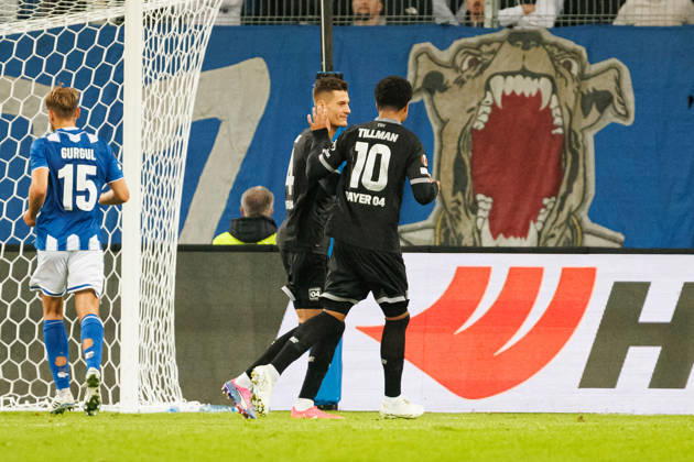 Patrik Schick and players of Bayer 04 Leverkusen seen celebrating after goal during UEFA Europe League 2026 2027 league phase game between teams of Lech Poznan and Bayer Leverkusen (Ernest Kolodziej Ball Raw Images) Poznan ENEA Stadion Poland Copyright: xErnestxKolodziejx ernestkolodziej_lech_bayer_2627KOL_7799