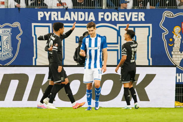 Patrik Schick and players of Bayer 04 Leverkusen seen celebrating after goal during UEFA Europe League 2026 2027 league phase game between teams of Lech Poznan and Bayer Leverkusen (Ernest Kolodziej Ball Raw Images) Poznan ENEA Stadion Poland Copyright: xErnestxKolodziejx ernestkolodziej_lech_bayer_2627KOL_7806