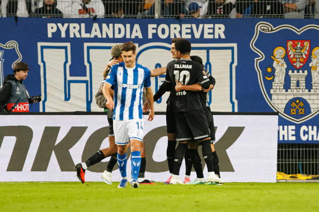 Patrik Schick and players of Bayer 04 Leverkusen seen celebrating after goal during UEFA Europe League 2026 2027 league phase game between teams of Lech Poznan and Bayer Leverkusen (Ernest Kolodziej Ball Raw Images) Poznan ENEA Stadion Poland Copyright: xErnestxKolodziejx ernestkolodziej_lech_bayer_2627KOL_7811