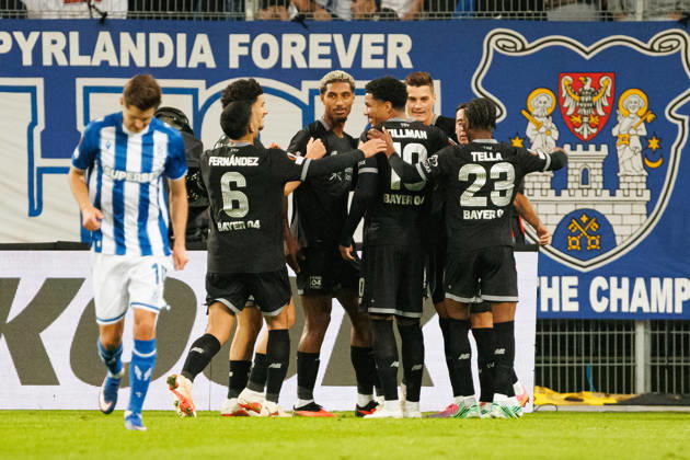 Patrik Schick and players of Bayer 04 Leverkusen seen celebrating after goal during UEFA Europe League 2026 2027 league phase game between teams of Lech Poznan and Bayer Leverkusen (Ernest Kolodziej Ball Raw Images) Poznan ENEA Stadion Poland Copyright: xErnestxKolodziejx ernestkolodziej_lech_bayer_2627KOL_7819
