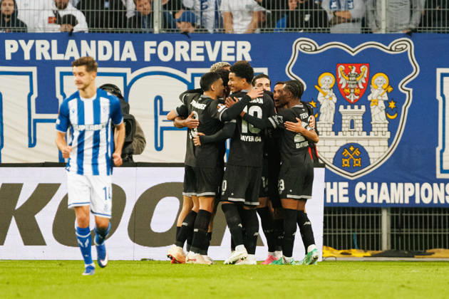 Patrik Schick and players of Bayer 04 Leverkusen seen celebrating after goal during UEFA Europe League 2026 2027 league phase game between teams of Lech Poznan and Bayer Leverkusen (Ernest Kolodziej Ball Raw Images) Poznan ENEA Stadion Poland Copyright: xErnestxKolodziejx ernestkolodziej_lech_bayer_2627KOL_7821