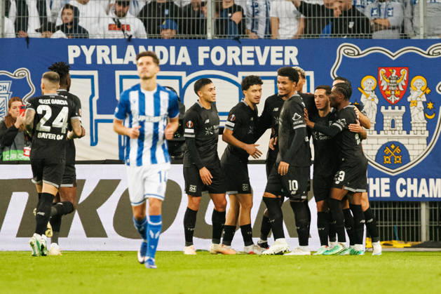 Patrik Schick and players of Bayer 04 Leverkusen seen celebrating after goal during UEFA Europe League 2026 2027 league phase game between teams of Lech Poznan and Bayer Leverkusen (Ernest Kolodziej Ball Raw Images) Poznan ENEA Stadion Poland Copyright: xErnestxKolodziejx ernestkolodziej_lech_bayer_2627KOL_7824